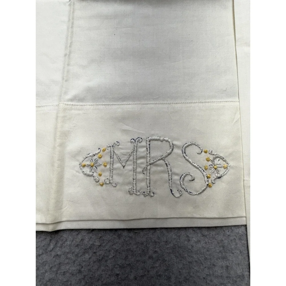 Pacific Percale Pillowcases‎ Set of 2 Mr & Mrs Embroidered Made in USA 42x38.5